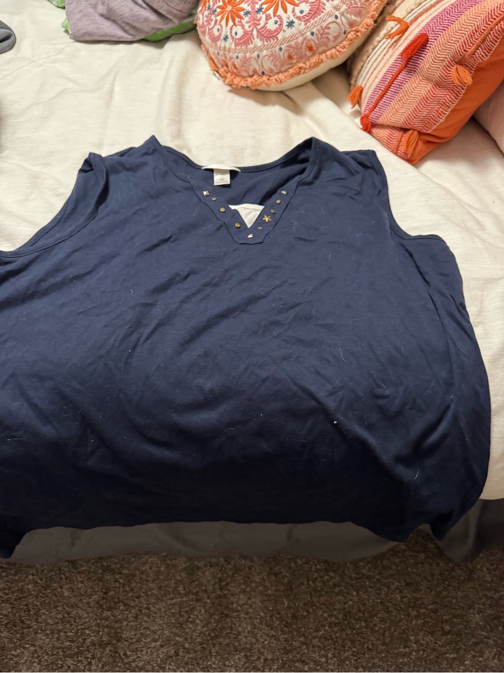 CJ Banks Navy Sleeveless V-Neck Tank with Stud Accents